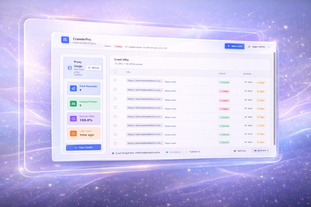 CrawlerPro dashboard showing live crawl runs and statistics